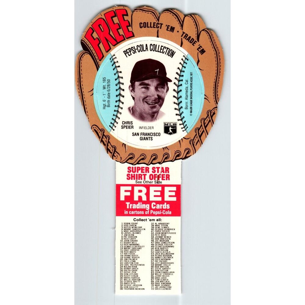 Pepsi-Cola Baseball Trading Card 1977 Chris Speier San Francisco Giants Diecut